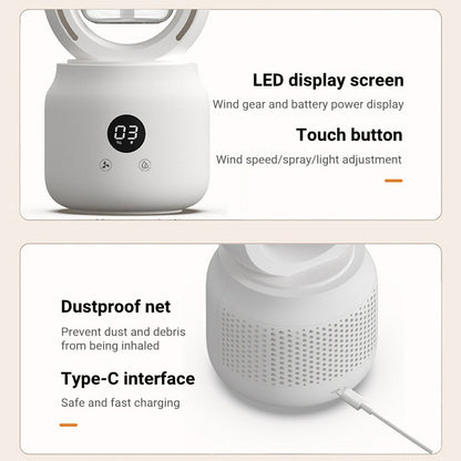 Cool Mist Spray Table FanOverview:


 1. Bladeless design prevents hurting hands, is safe to use, and easy to clean;
 
 2. Built-in 4000mAh battery, portable and rechargeable, long enduranceSummer Cooling FanesdeepeeEsdeepeeCool Mist Spray Table FanCool Mist Spray Table Fan