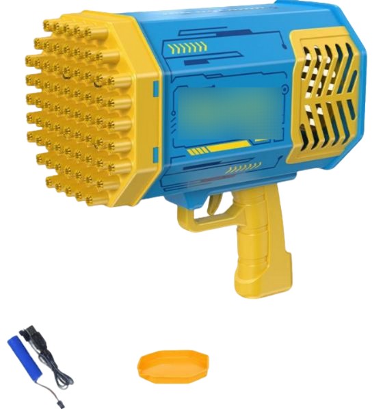 Yellow Rocket Bubble Gun with 69 Holes, featuring vibrant LED lights and non-toxic ABS material for safe play