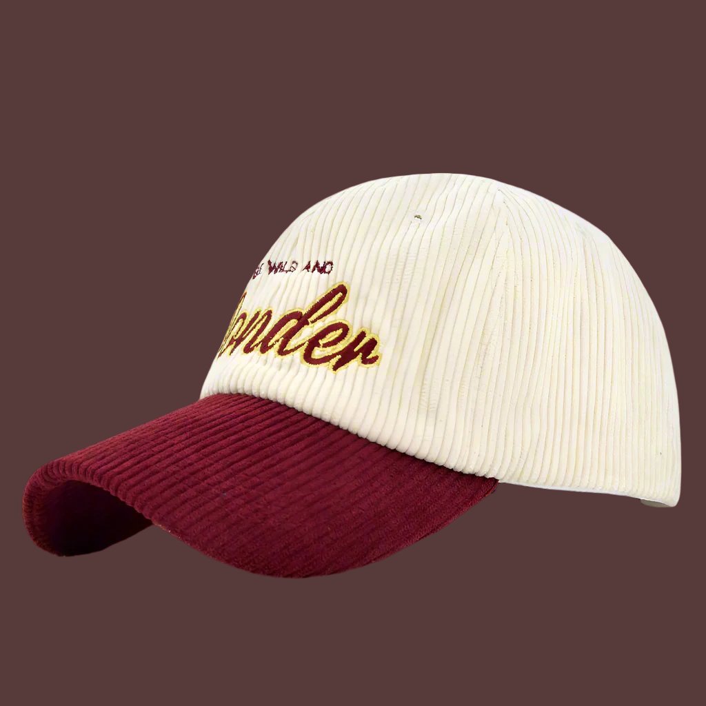 Corduroy dome baseball cap with adjustable size and embroidered design for casual wear.