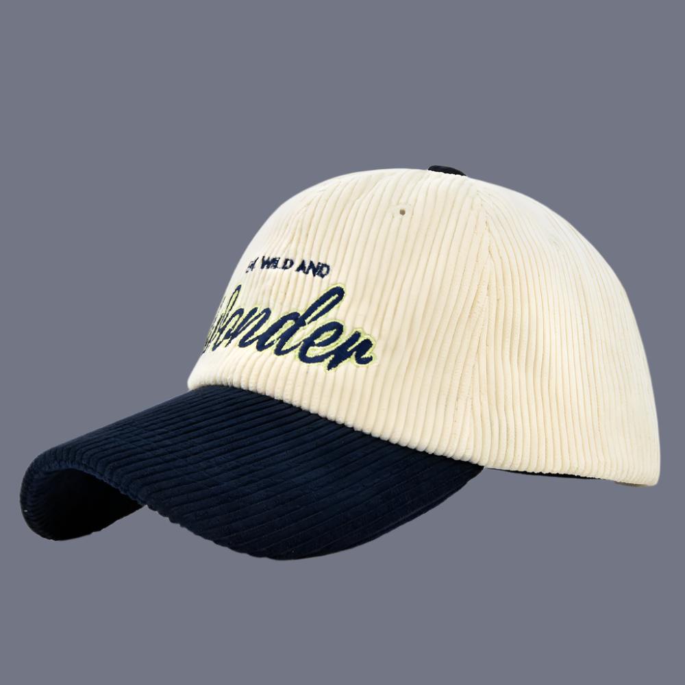 Navy Blue/White corduroy dome baseball cap with adjustable size and embroidered design for casual wear.
